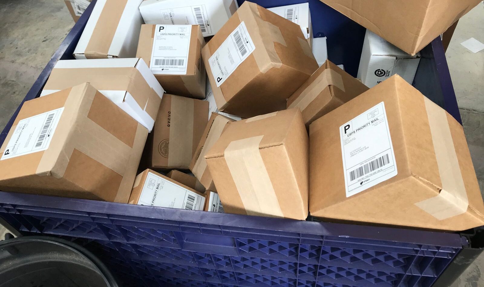 Blue tote full of boxed USPS Priority Mail business-to-business orders picked and packed at FlexPrep